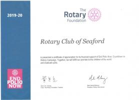 Certificate recognising Seaford Rotary's contribution in 2019/20 towards the End Polio Now campaign